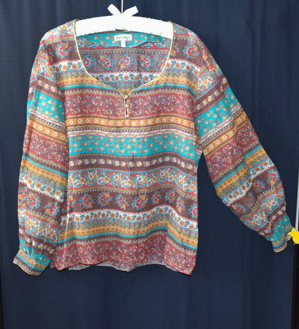 Vtg. Black Magic Cotton Boho Floral Peasant Blouse Sheer Long Sleeve M/L Cotton